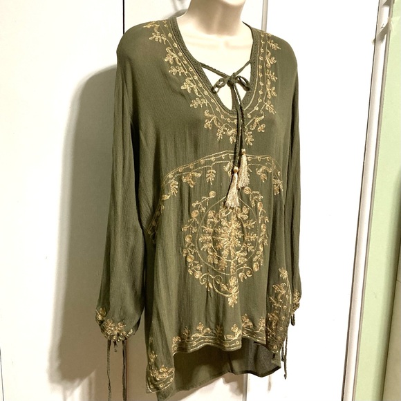 LUCKY and COCO Summer Cover Up Tunic Mini Dress Olive Green Gold Womens Large - Picture 2 of 16